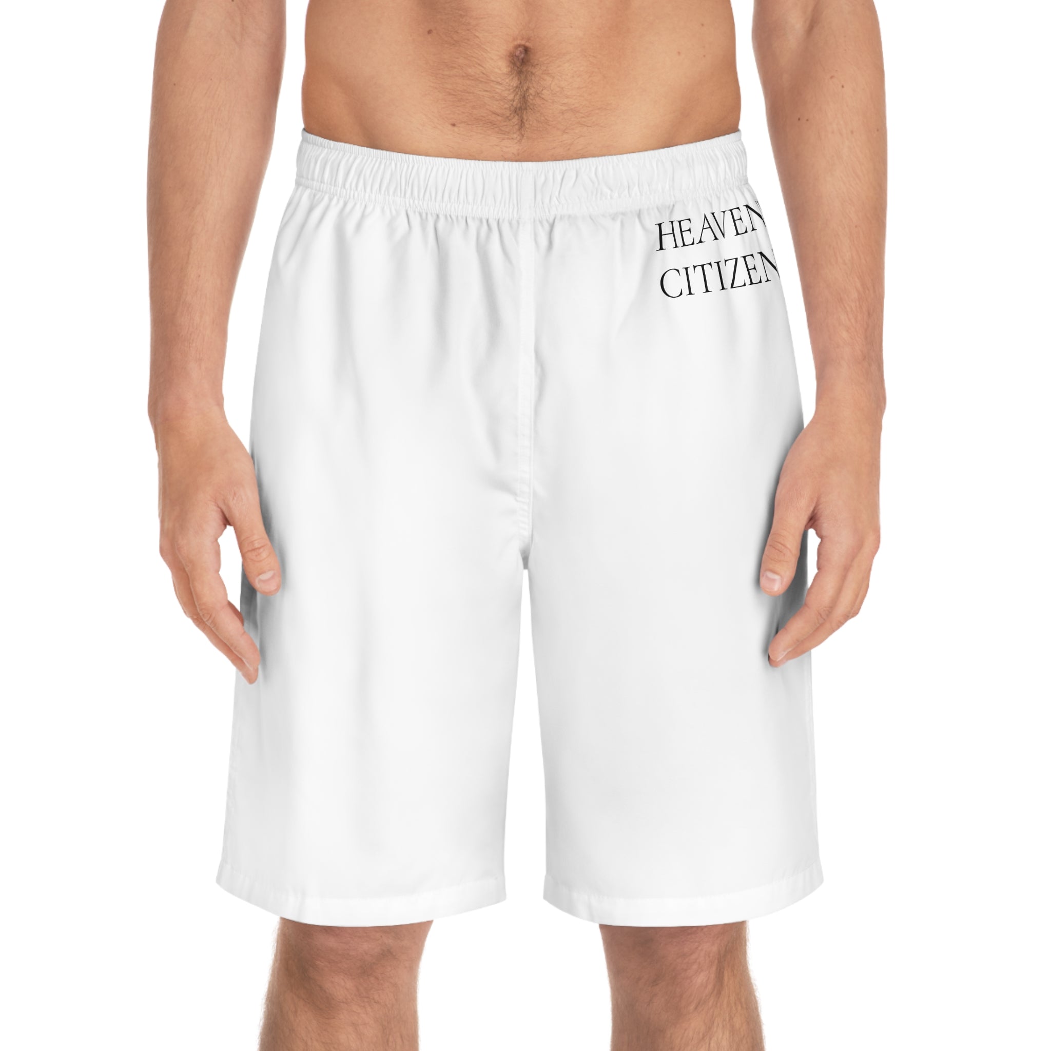 Heavenly Citizen Board Shorts – Minimal White Surf/Beach Swim Trunks