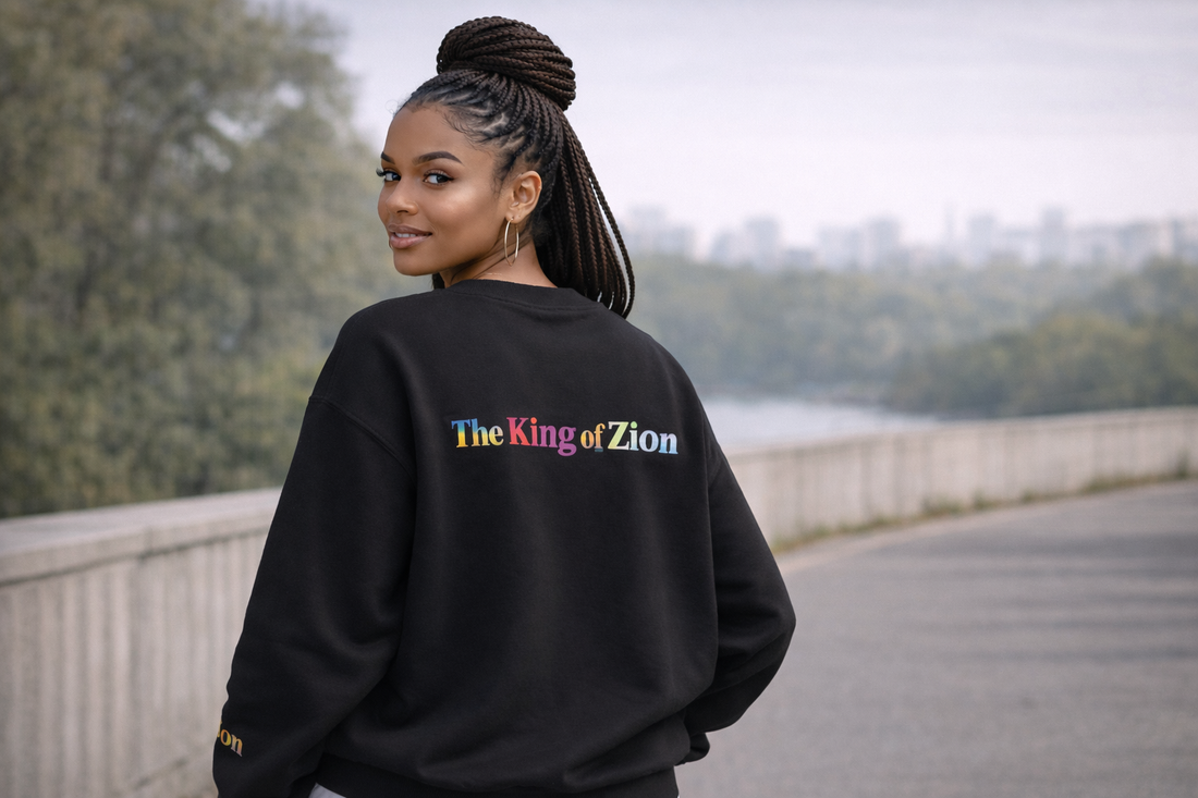 Copy of Crewneck Sweatshirt — "The King of Zion" Colorful Back Logo, Faith-Inspired Christian Gift